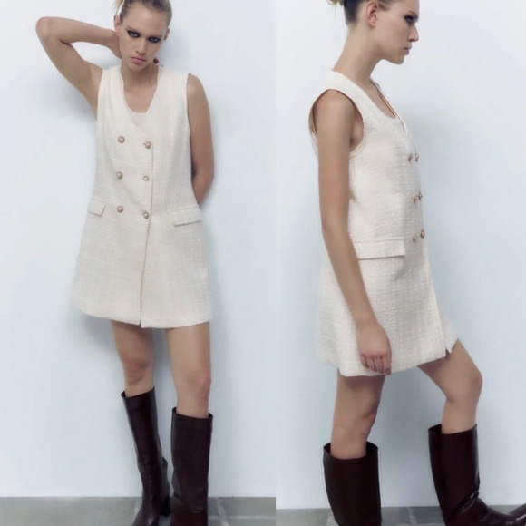 Zara Structured Long Vest Dress in Oyster White Size Small - Picture 1 of 16